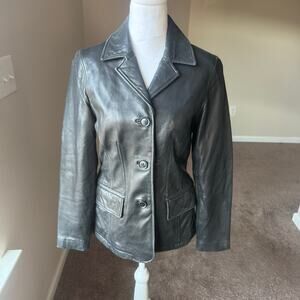Express Women's Button Front Genuine Leather Jacket XS Black Buttery Soft Y2K‎
